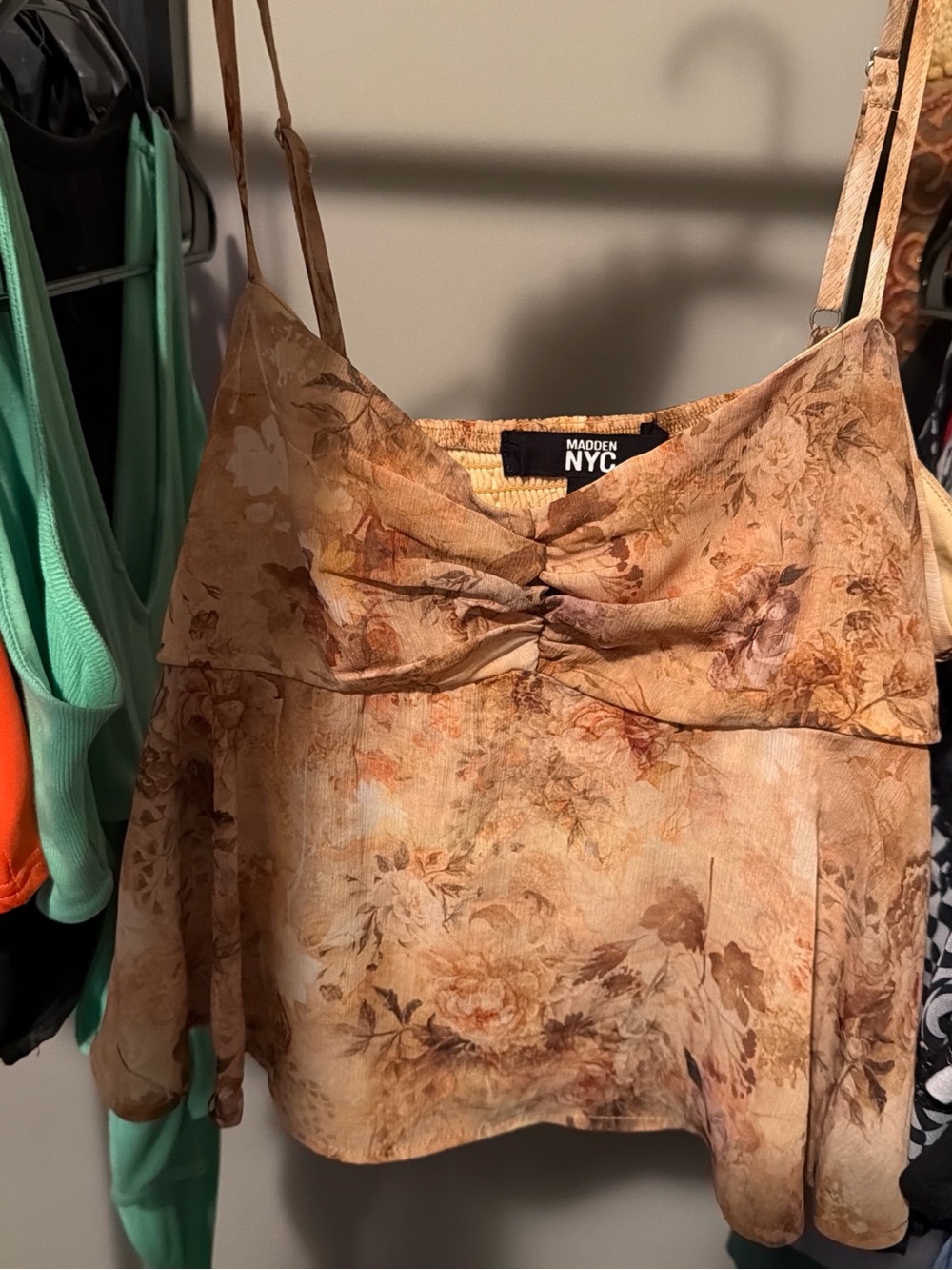 Madden NYC Floral Twist-Front Crop Top in Warm Tan